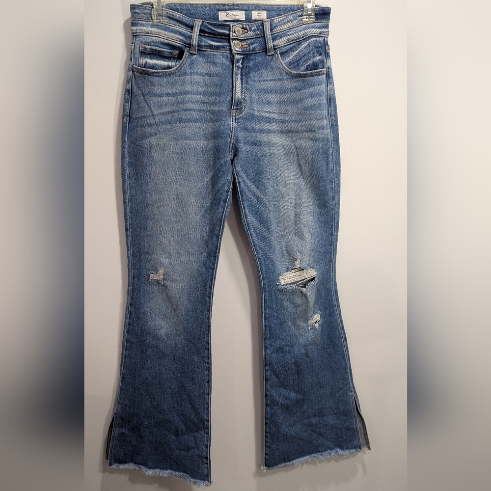 KanCan Jeans Signature Kurvy Mid-Rise Flare Distressed 33x34 Tall Raw Hem Sz 30